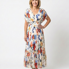 Floral pleated midi dress with short sleeves, V-neck, and gathered waist