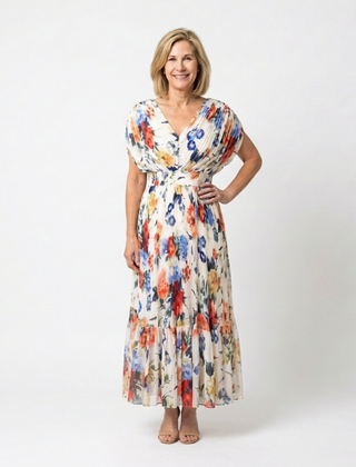 Floral pleated midi dress with short sleeves, V-neck, and gathered waist