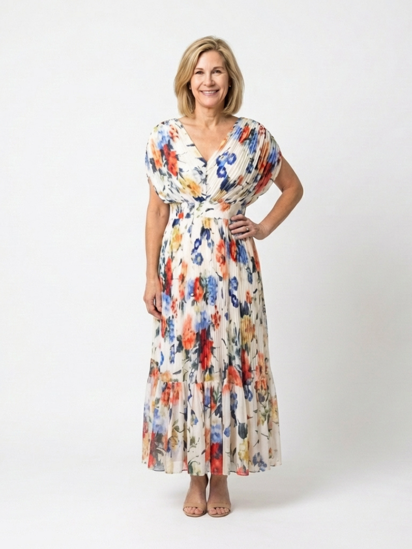 Floral pleated midi dress with short sleeves, V-neck, and gathered waist