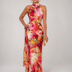 Floral halter neck maxi dress, sleeveless, pink/red/yellow floral print