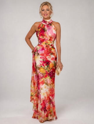 Floral halter neck maxi dress, sleeveless, pink/red/yellow floral print