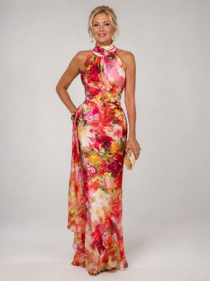 Floral halter neck maxi dress, sleeveless, pink/red/yellow floral print