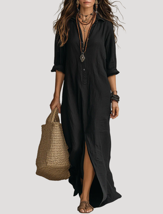 Black maxi shirt dress with button front, 3/4 sleeves, and side slit