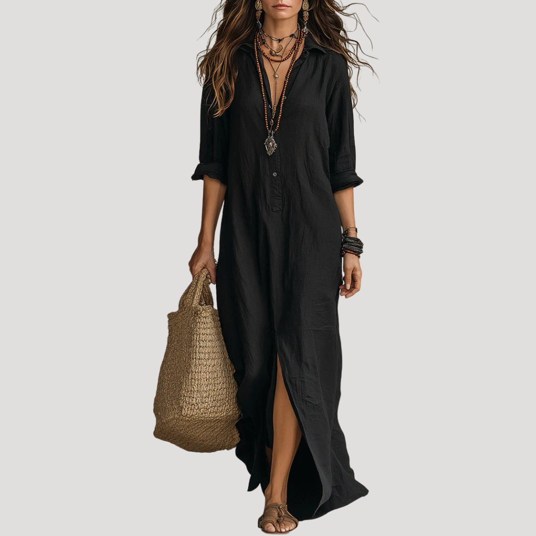 Black maxi shirt dress with button front, 3/4 sleeves, and side slit