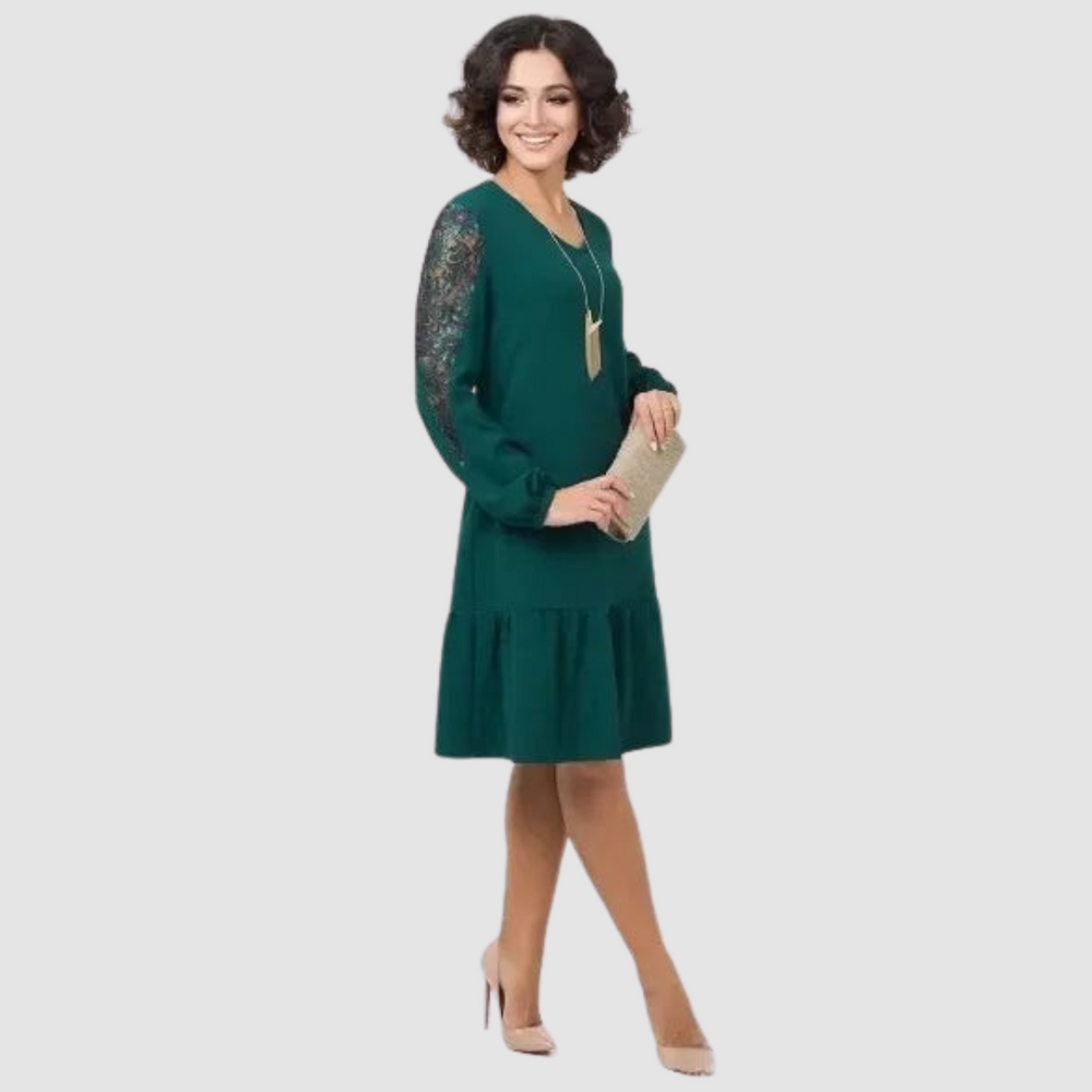 Dark green lace-panel midi dress with gathered tiered skirt and long sleeves
