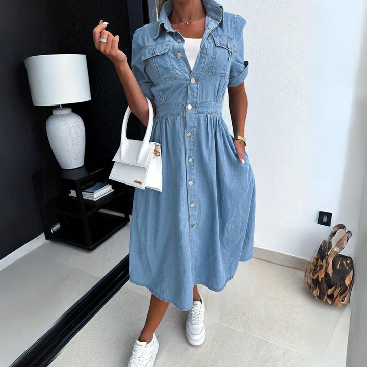 Light blue denim midi dress with button front, collar, short sleeves, gathered waist