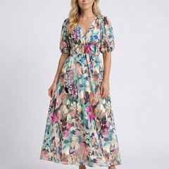 Floral V-neck short-sleeve midi dress with gathered waist and billowy skirt