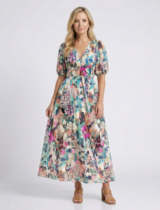 Floral V-neck short-sleeve midi dress with gathered waist and billowy skirt