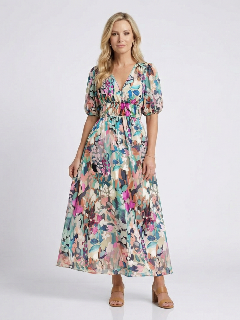 Floral V-neck short-sleeve midi dress with gathered waist and billowy skirt