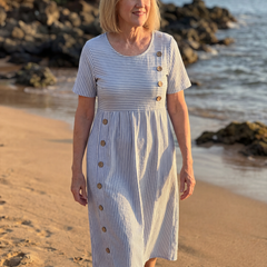 Blue/white striped midi dress, short sleeves, scoop neck, button front