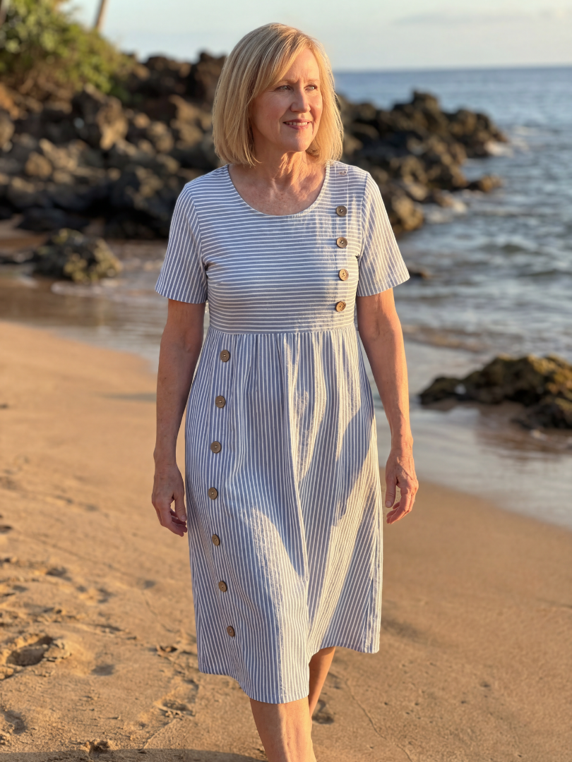 Blue/white striped midi dress, short sleeves, scoop neck, button front