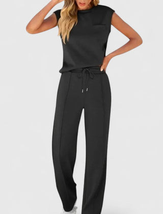 Black sleeveless top and drawstring wide-leg pants set