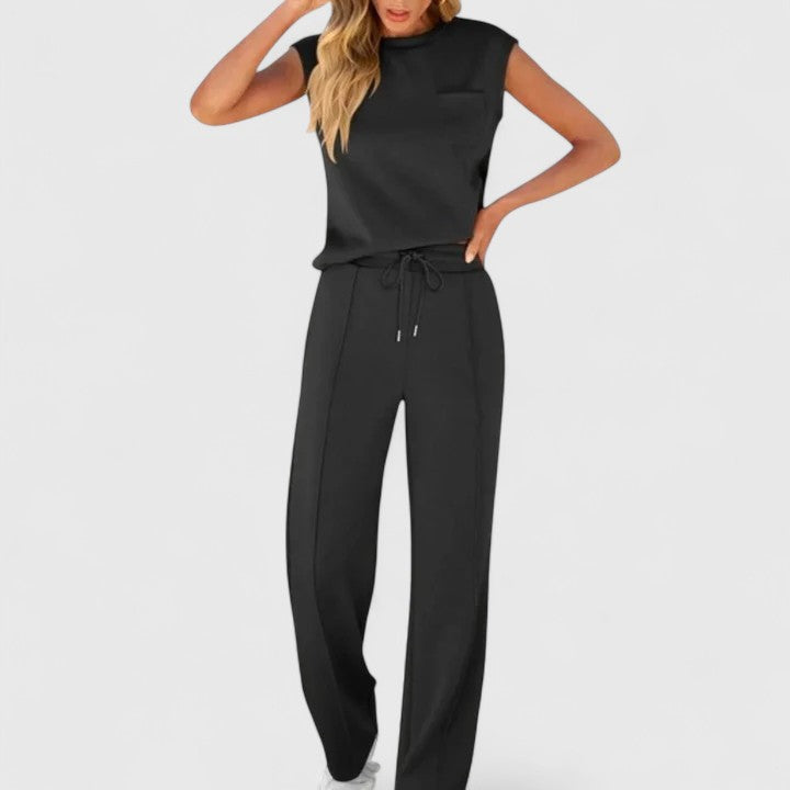 Black sleeveless top and drawstring wide-leg pants set