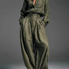 Army green shirt and wide-leg pants set, button-front top with gathered waist