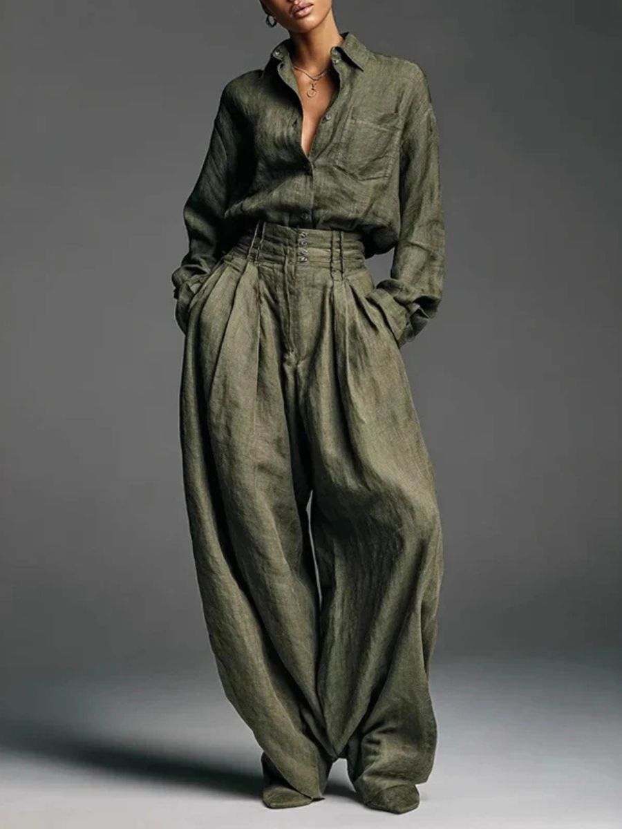 Army green shirt and wide-leg pants set, button-front top with gathered waist