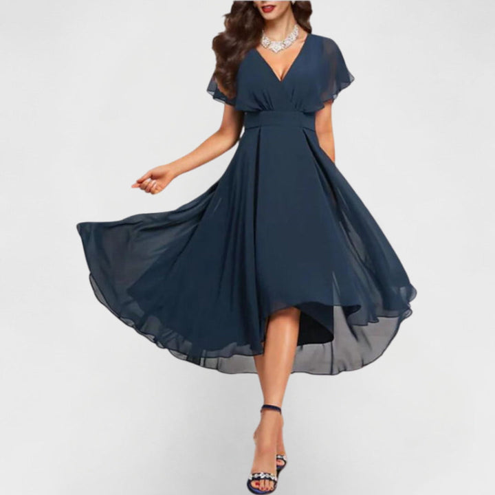 Flowing V-neck maxi dress, dark navy chiffon-like fabric with flutter sleeves