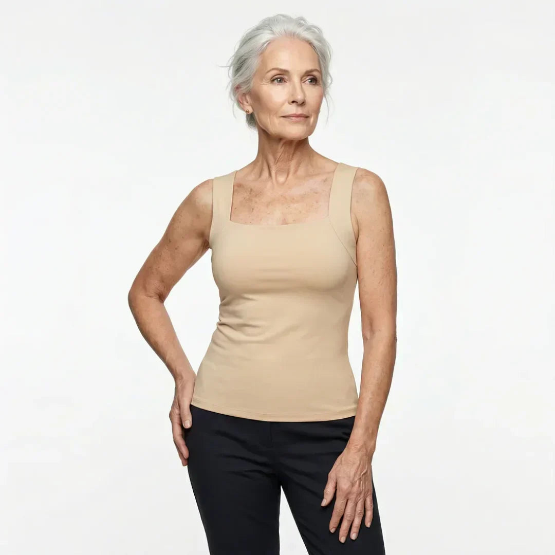 Nude built-in comfort bra tank top with square neckline and thin spaghetti straps