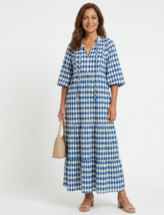 Sky blue tiered midi dress with diamond print, V-neck and half sleeves