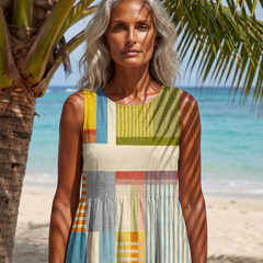 Multicolor sleeveless midi dress with geometric block print and scoop neckline