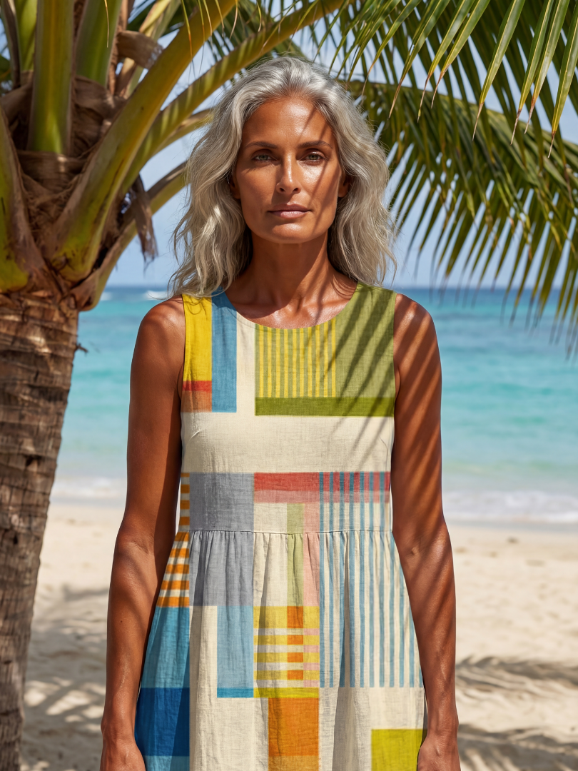 Multicolor sleeveless midi dress with geometric block print and scoop neckline
