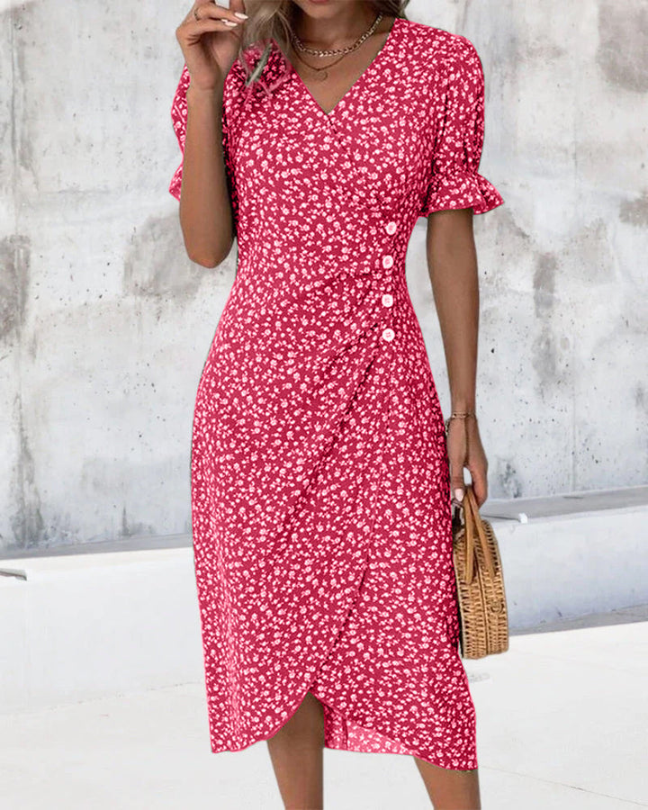 Red v-neck midi dress with white floral print, button front, short puff sleeves