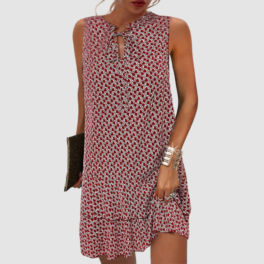 Soft breathable sleeveless dress, red geometric chain print, keyhole neckline