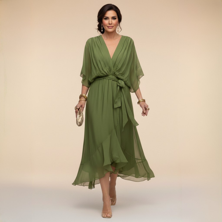 Olive green V-neck wrap dress with tied waist and flowing chiffon hem