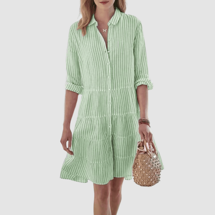 Green striped tiered shirt dress with button-up placket and short ruffle sleeves