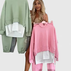 Pink hooded sweatshirt and jogger set with white layered underpiece