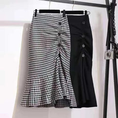 Houndstooth asymmetric mermaid skirt with front buttons and side slit