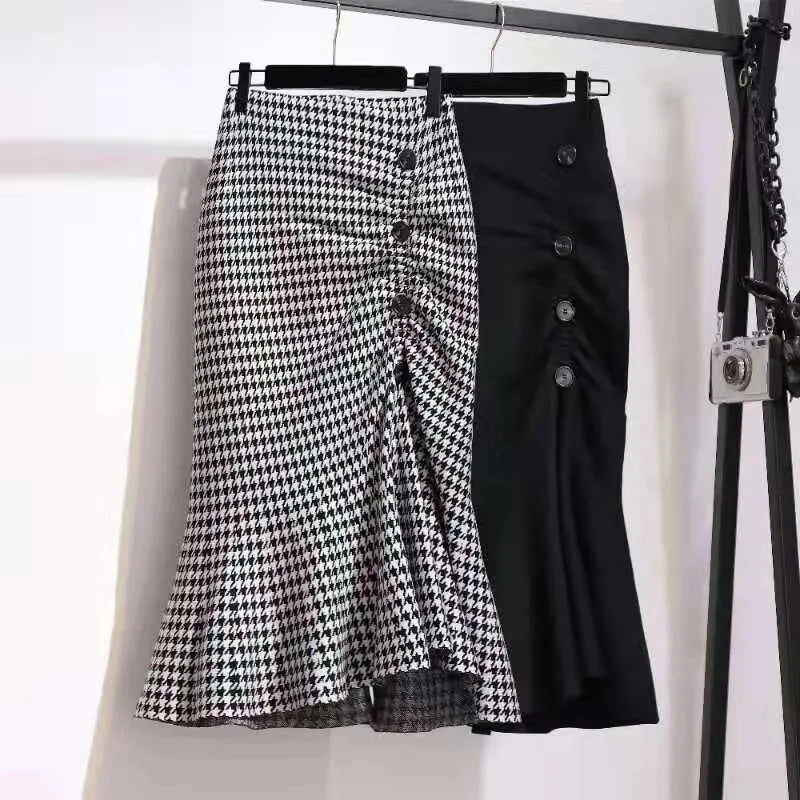 Houndstooth asymmetric mermaid skirt with front buttons and side slit