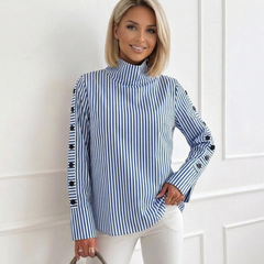 Blue-and-white striped high-neck long-sleeve top with buttoned cuffs.