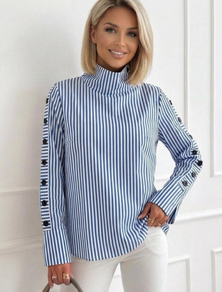 Blue-and-white striped high-neck long-sleeve top with buttoned cuffs.