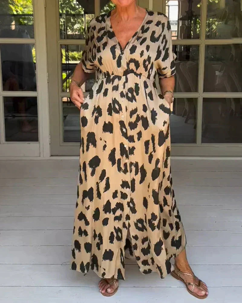 Leopard print maxi dress with V-neck and short sleeves, long skirt, khaki/black spots