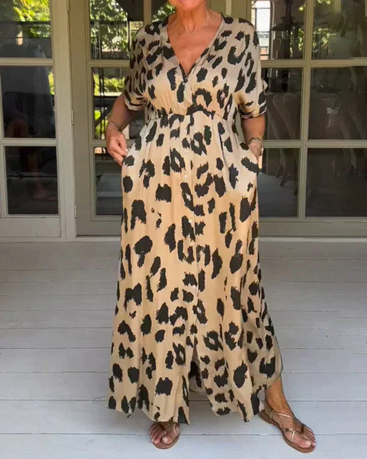 Leopard print maxi dress with V-neck and short sleeves, long skirt, khaki/black spots