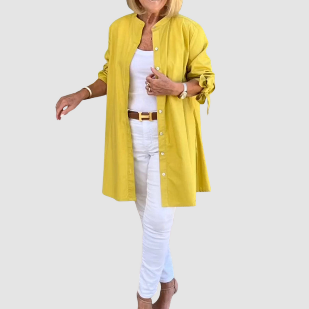 Yellow long-sleeve button-up shirt with button placket and gathered cuffs
