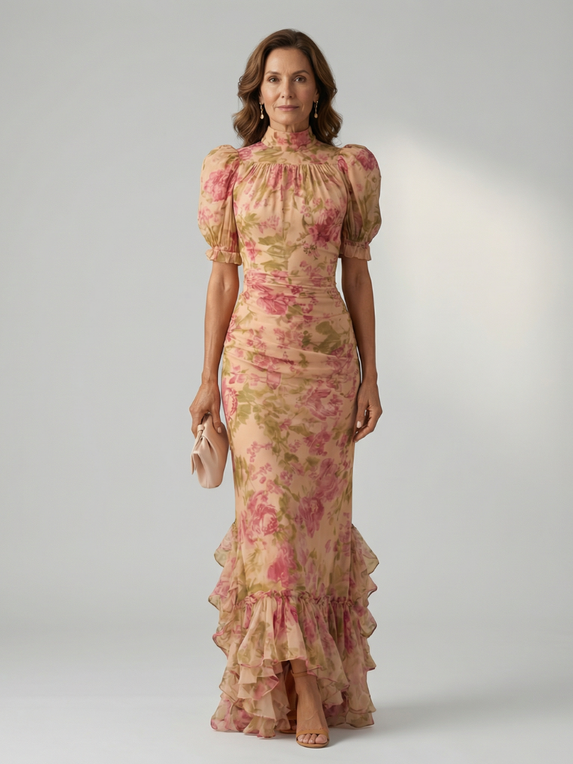 Floral pink high-neck maxi dress with puff sleeves and tiered ruffle hem.
