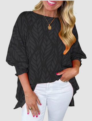 Black leaf-pattern loose blouse with round neck and loose elbow-length sleeves