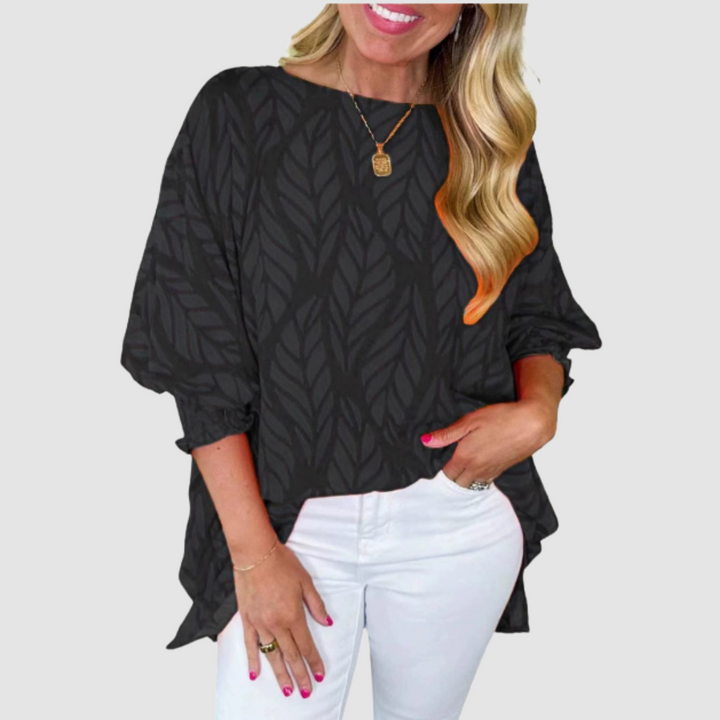 Black leaf-pattern loose blouse with round neck and loose elbow-length sleeves