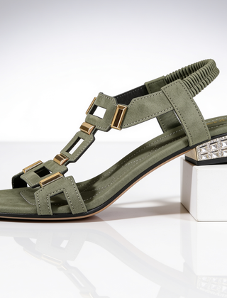 Green strappy heeled sandals with jeweled block heel and adjustable ankle strap