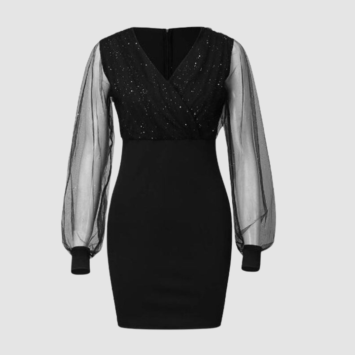Black fitted V-neck dress with sheer puff sleeves covered in fine glitter specks