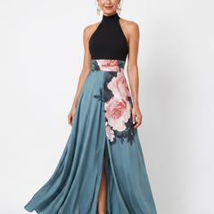 Black halter maxi dress with teal skirt and pink floral print, high neckline