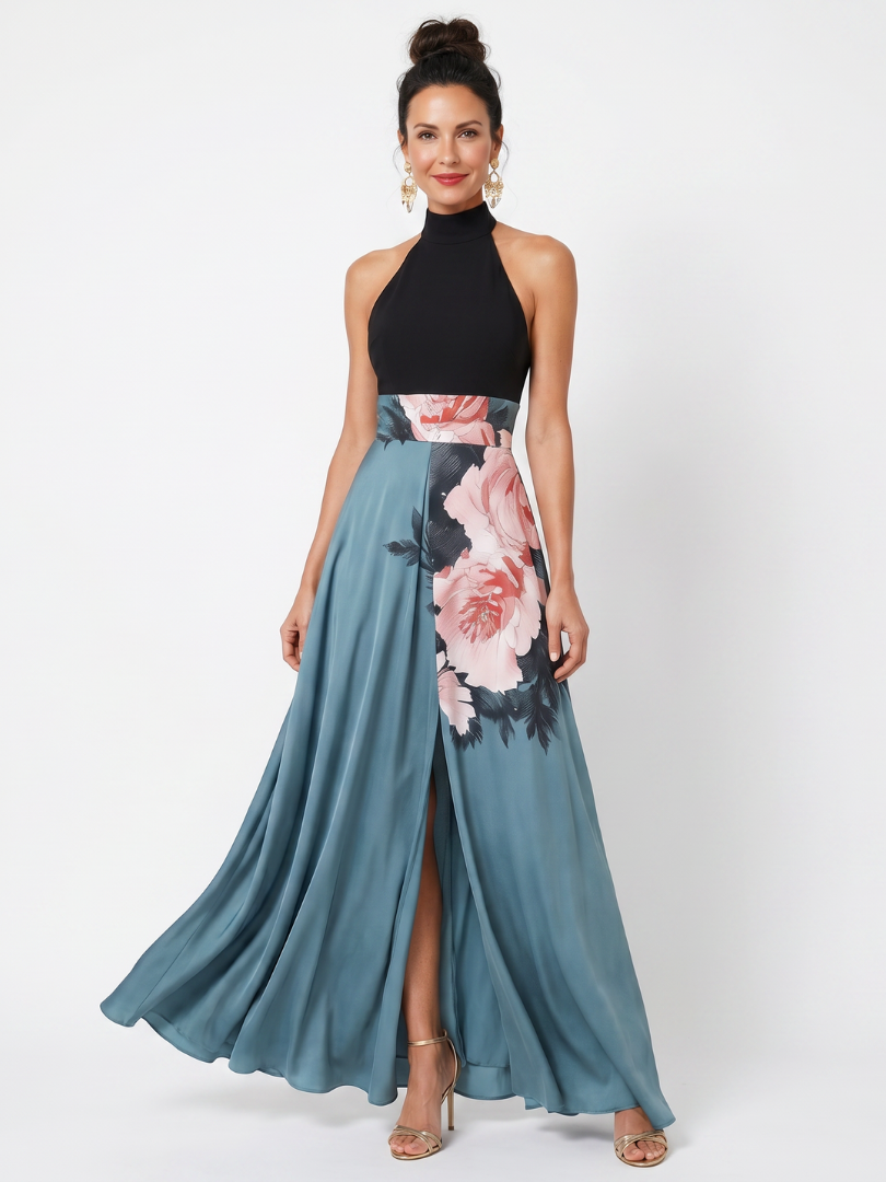 Black halter maxi dress with teal skirt and pink floral print, high neckline
