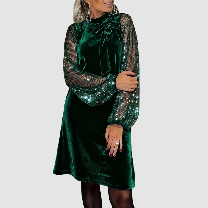 Green velvet suede midi dress with bow collar and sequined mesh long sleeves