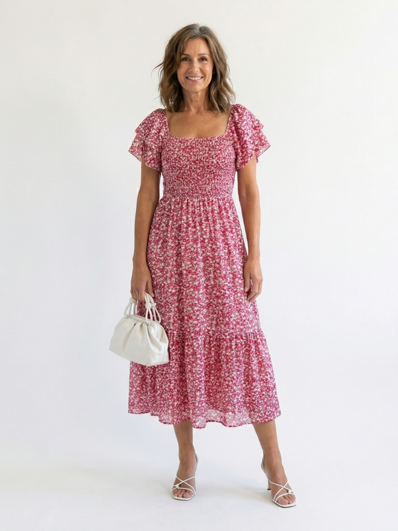 Pink floral off-shoulder smocked midi dress with short puff sleeves, tiered skirt