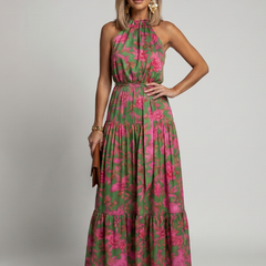 Floral draped halter midi dress in green with pink leaf print and tiered skirt
