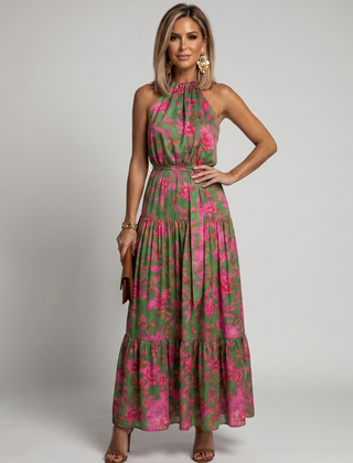 Floral draped halter midi dress in green with pink leaf print and tiered skirt