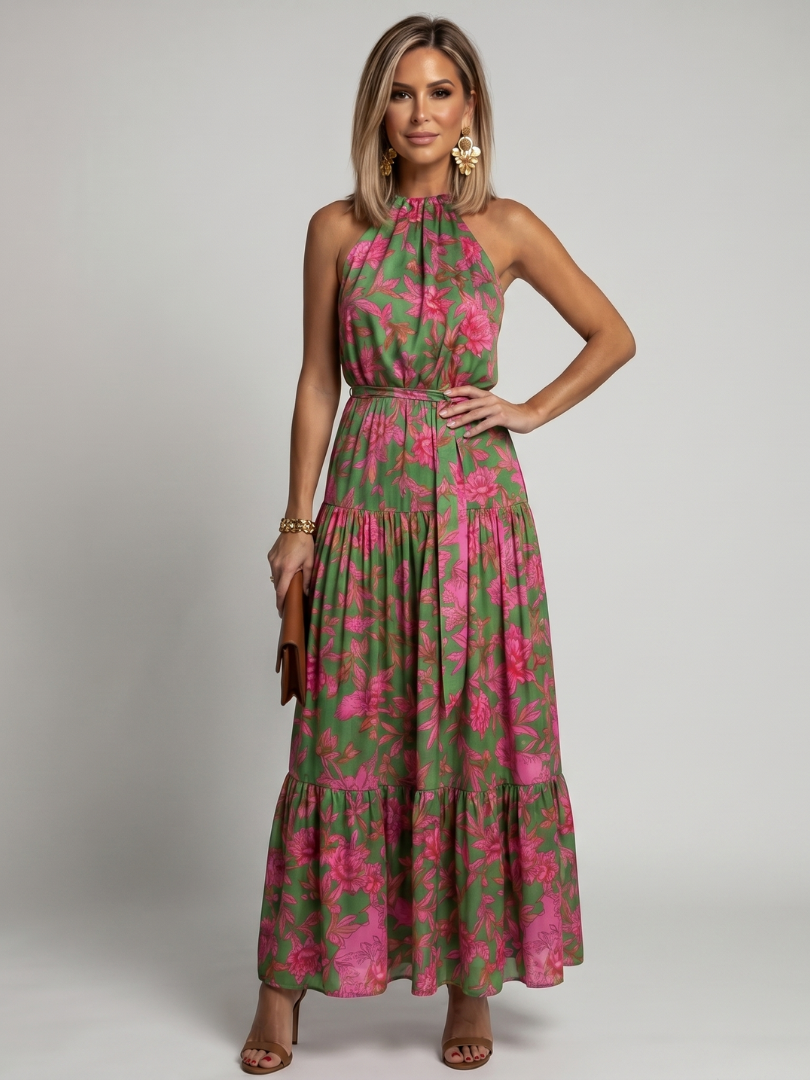 Floral draped halter midi dress in green with pink leaf print and tiered skirt