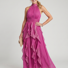 Pink high-neck sleeveless maxi dress with gathered waist and layered ruffle skirt
