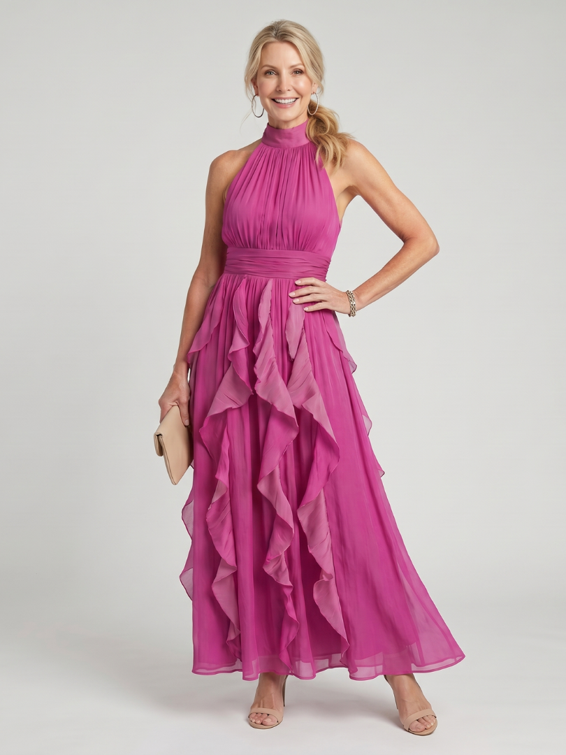 Pink high-neck sleeveless maxi dress with gathered waist and layered ruffle skirt